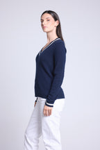 Jersey de cuello en V Cricket College Sia - Azul marino y blanco - Mujer