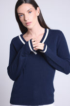 Jersey de cuello en V Cricket College Sia - Azul marino y blanco - Mujer