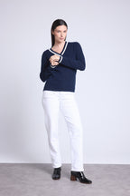 Jersey de cuello en V Cricket College Sia - Azul marino y blanco - Mujer