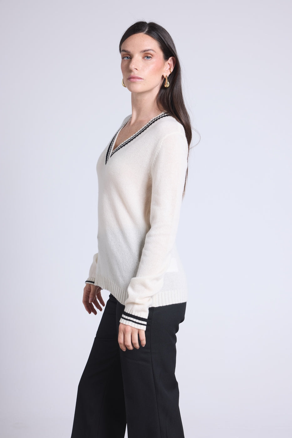 Maglione Con Scollo A V Cricket College Sia - Bianco E Nero - Donna - 100% Cashmere