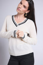 Maglione Con Scollo A V Cricket College Sia - Bianco E Nero - Donna - 100% Cashmere
