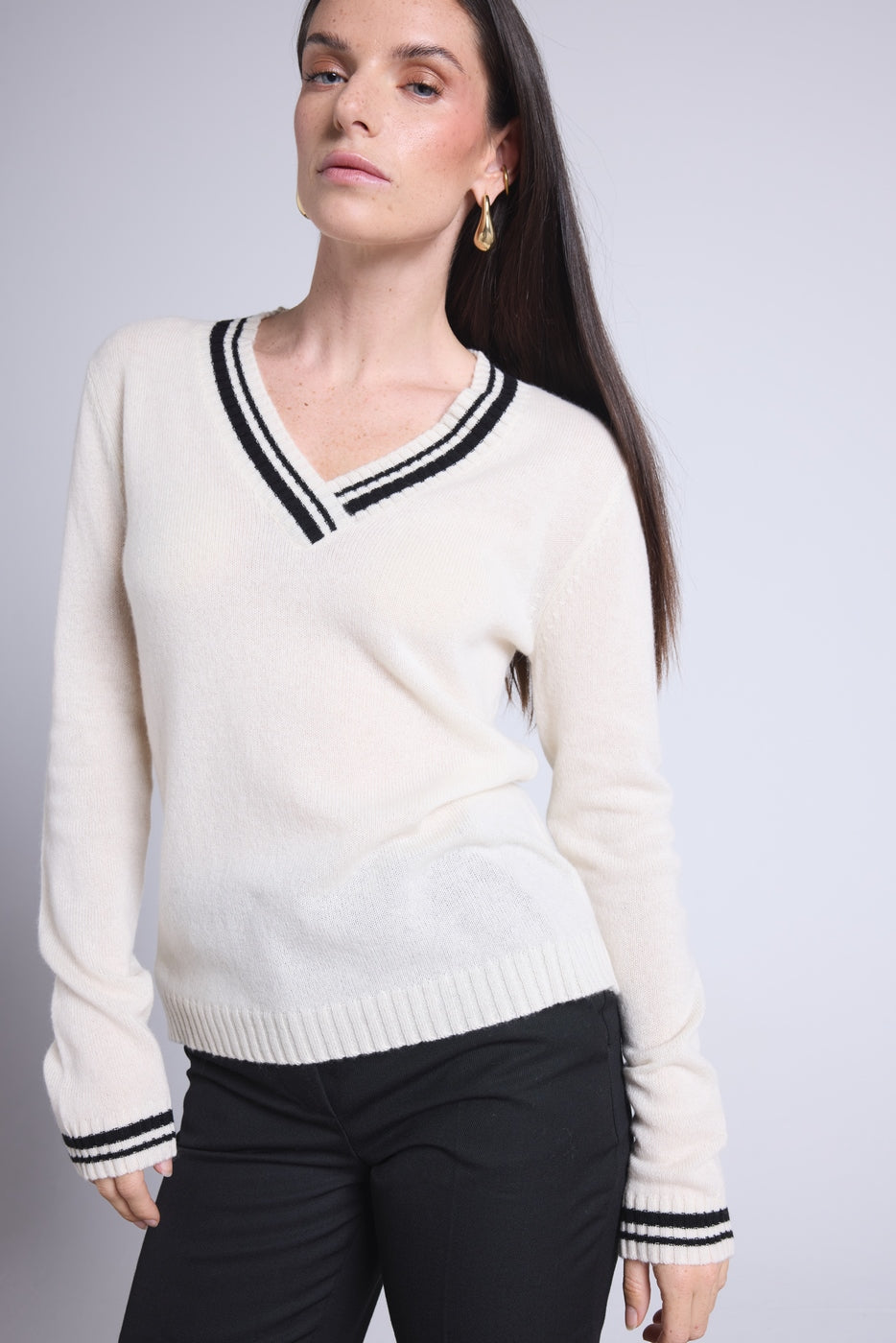 Maglione Con Scollo A V Cricket College Sia - Bianco E Nero - Donna - 100% Cashmere