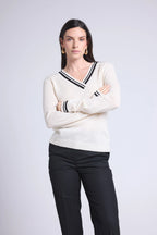 Maglione Con Scollo A V Cricket College Sia - Bianco E Nero - Donna - 100% Cashmere