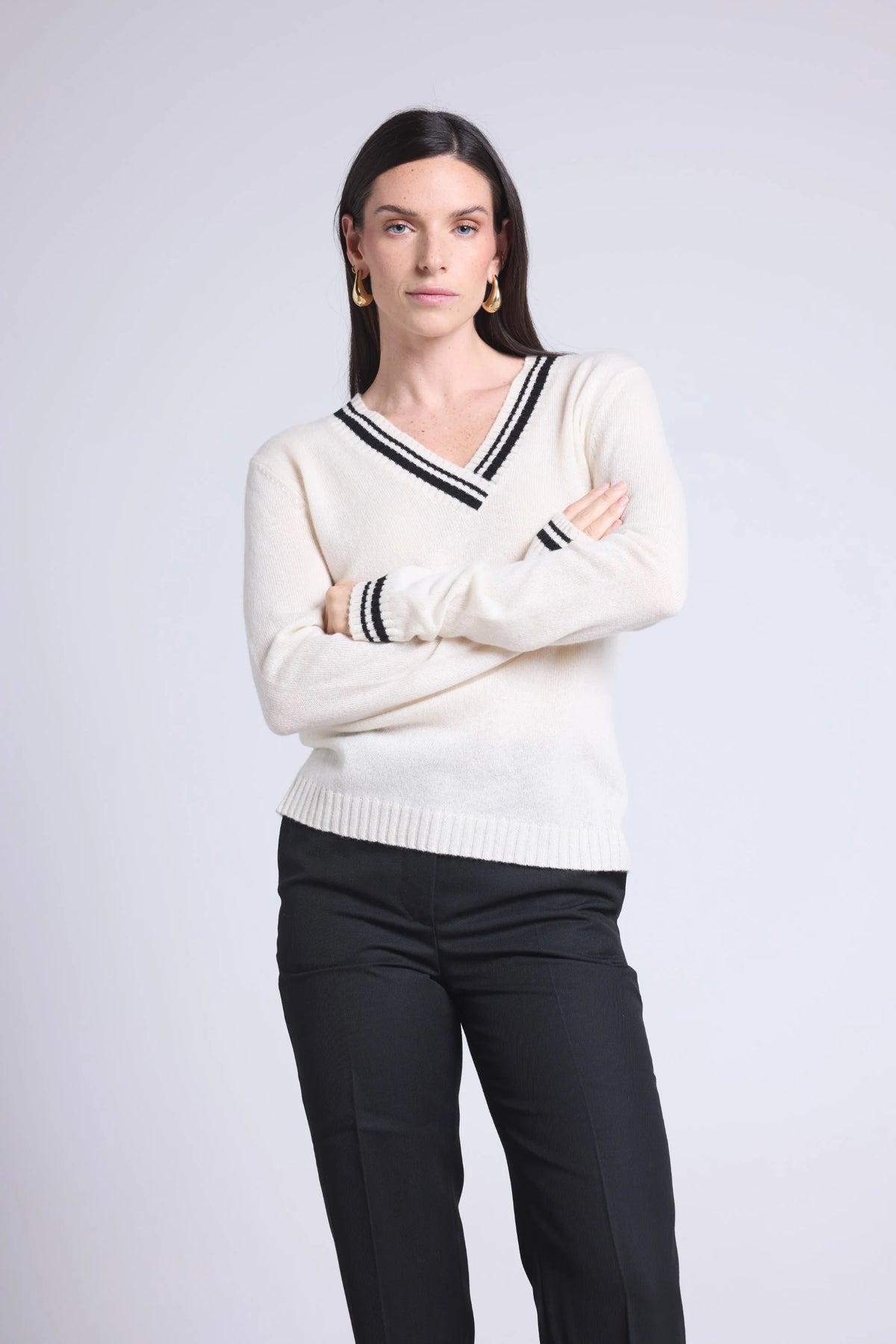 Maglione Con Scollo A V Cricket College Sia - Bianco E Nero - Donna - 100% Cashmere