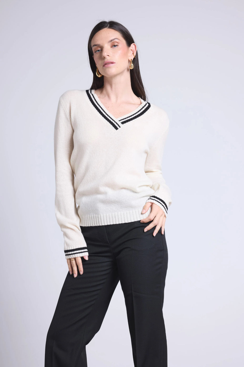 Maglione Con Scollo A V Cricket College Sia - Bianco E Nero - Donna - 100% Cashmere
