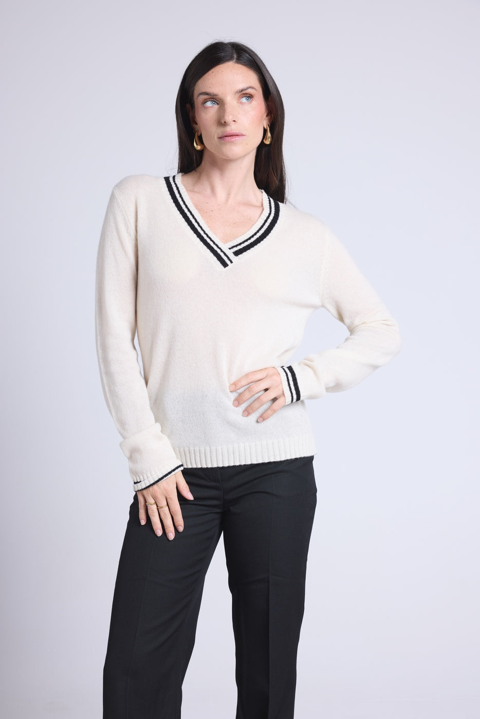 Maglione Con Scollo A V Cricket College Sia - Bianco E Nero - Donna - 100% Cashmere