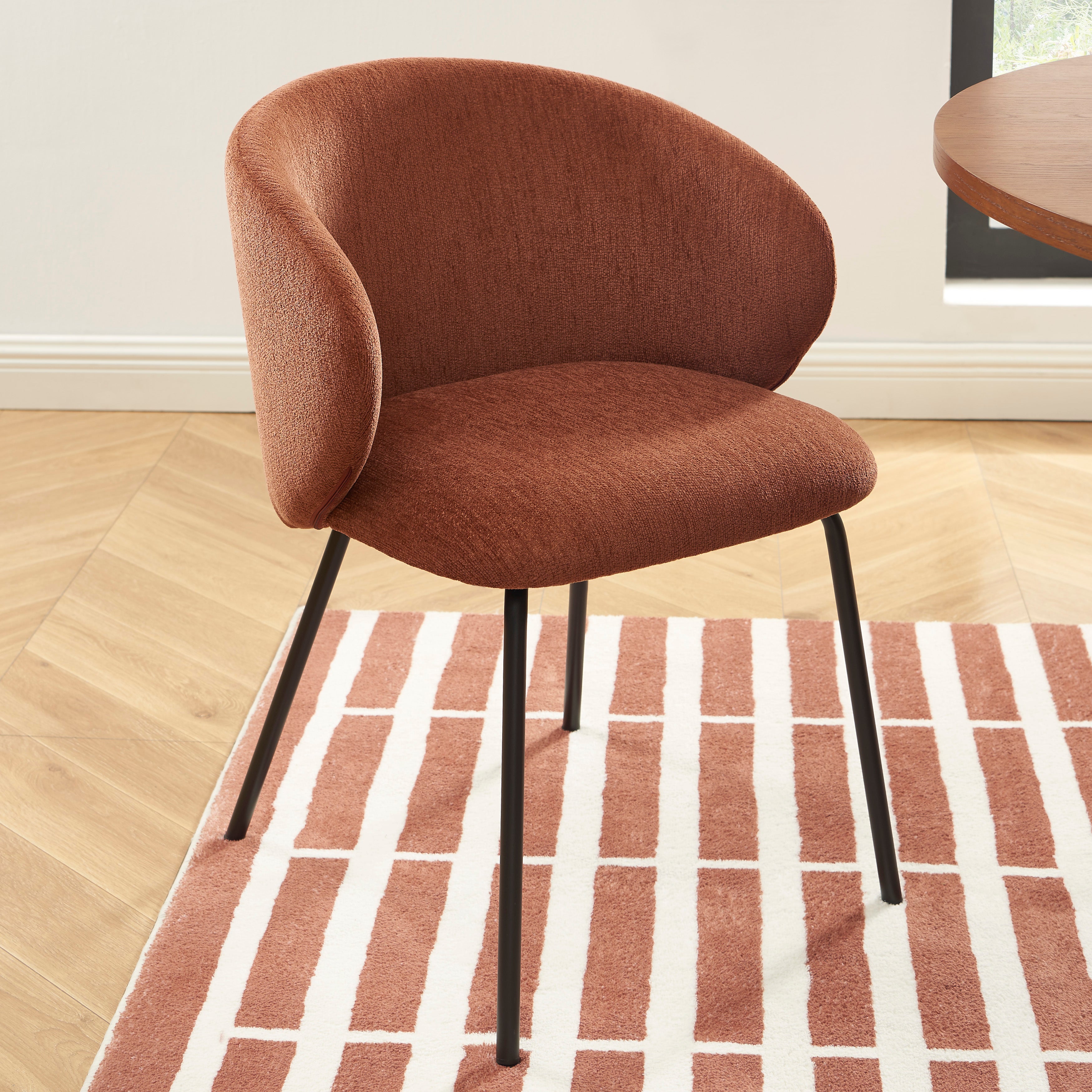 Cassie - Chairs - Chenille Fabric - Terracotta and Black Metal Legs