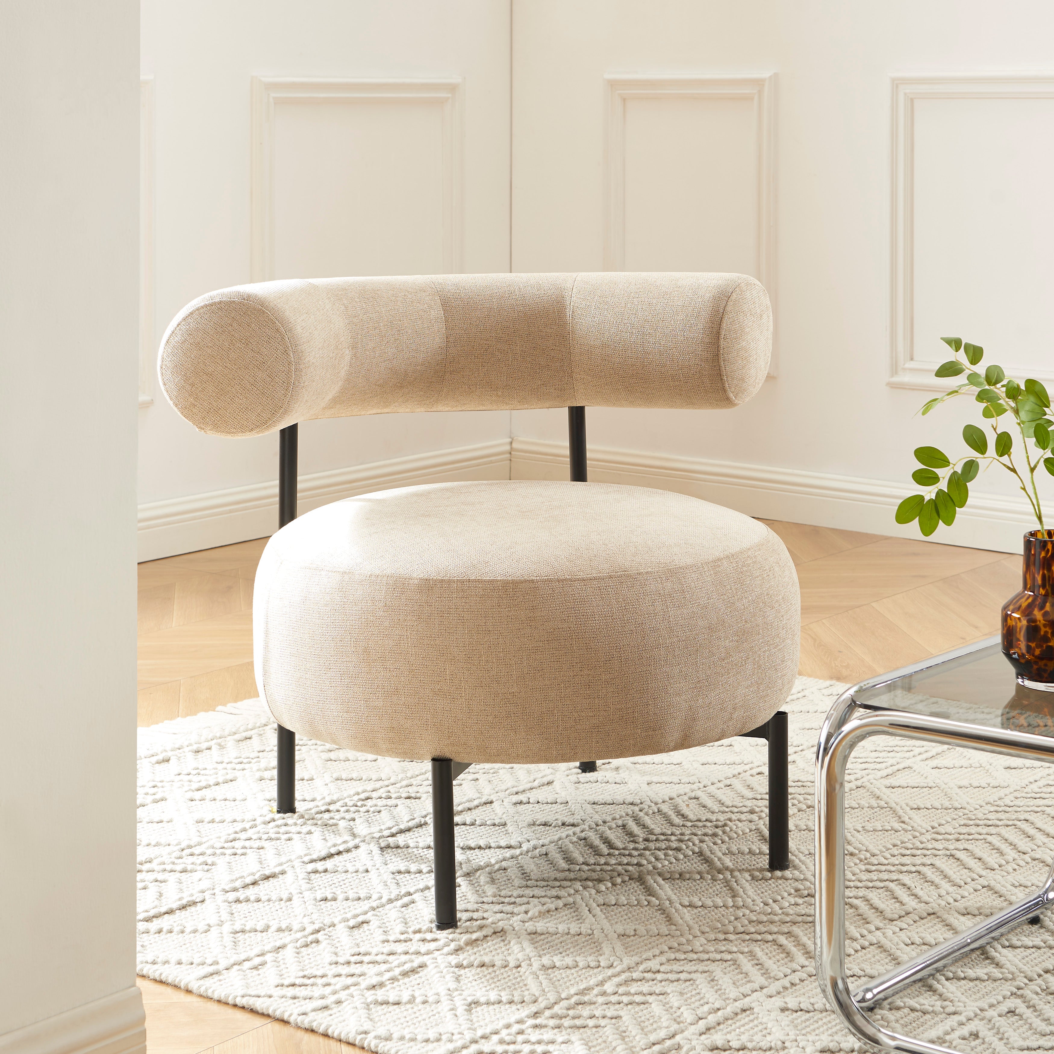 Farel - Chairs - Chenille Fabric - Beige and Black Metal Legs