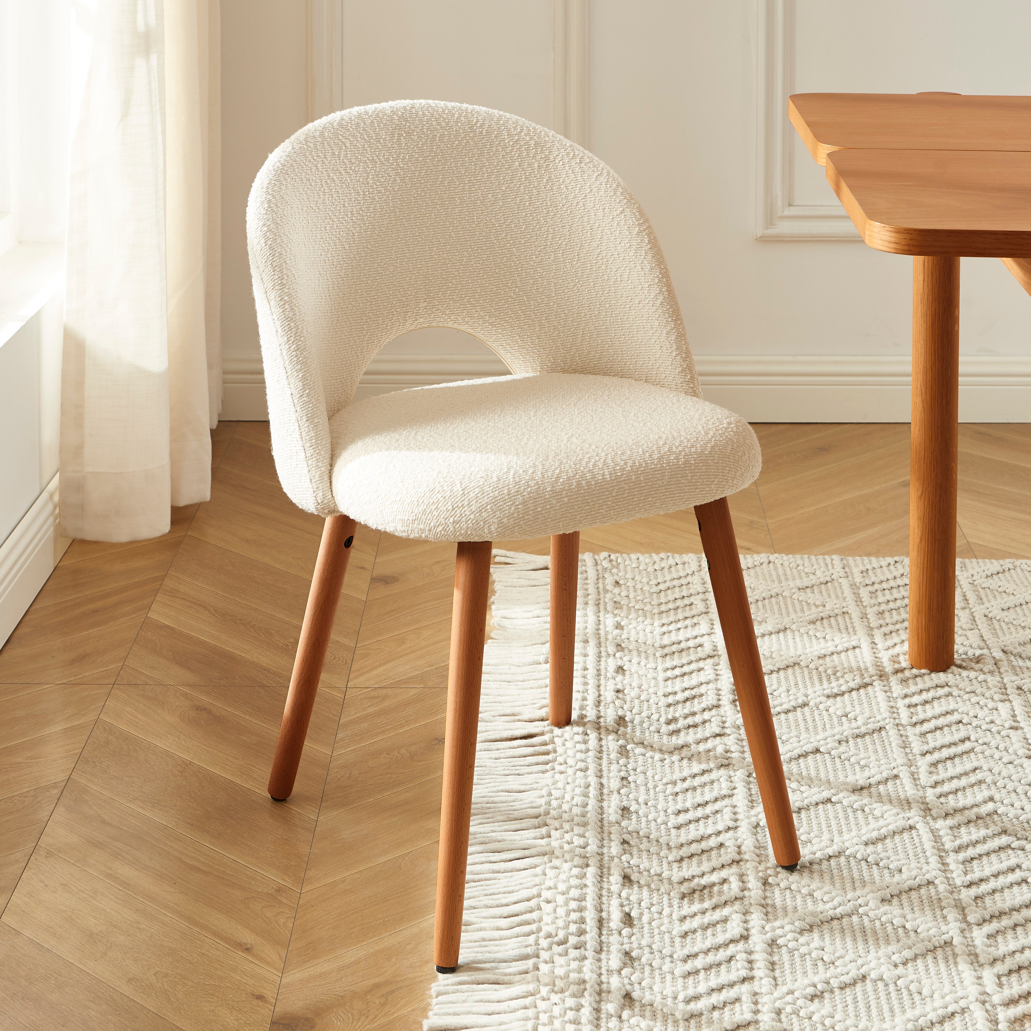 Set of 2 Simone Chairs - Off-White Boucle Fabric Walnut-Stained Wood Legs
