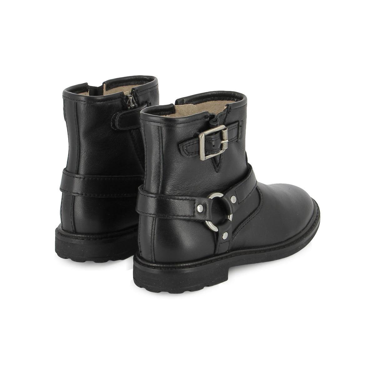 Pom d'Api – Pom D'Api - Sister Boots Austin - Zwart, achteraanzicht van zwarte leren enkellaarsjes met metalen gespen