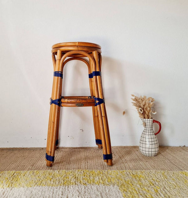 Vintage Barstol Med Flere Rør - Rattan & Blå Rilsan - Fransk - Blå