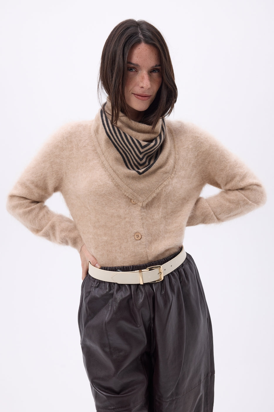 Small Square Stripes Bandana - Cream Beige - Women