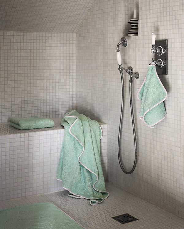 Pair of Hand Towels - Opaline Green with Nymph Pink Piping