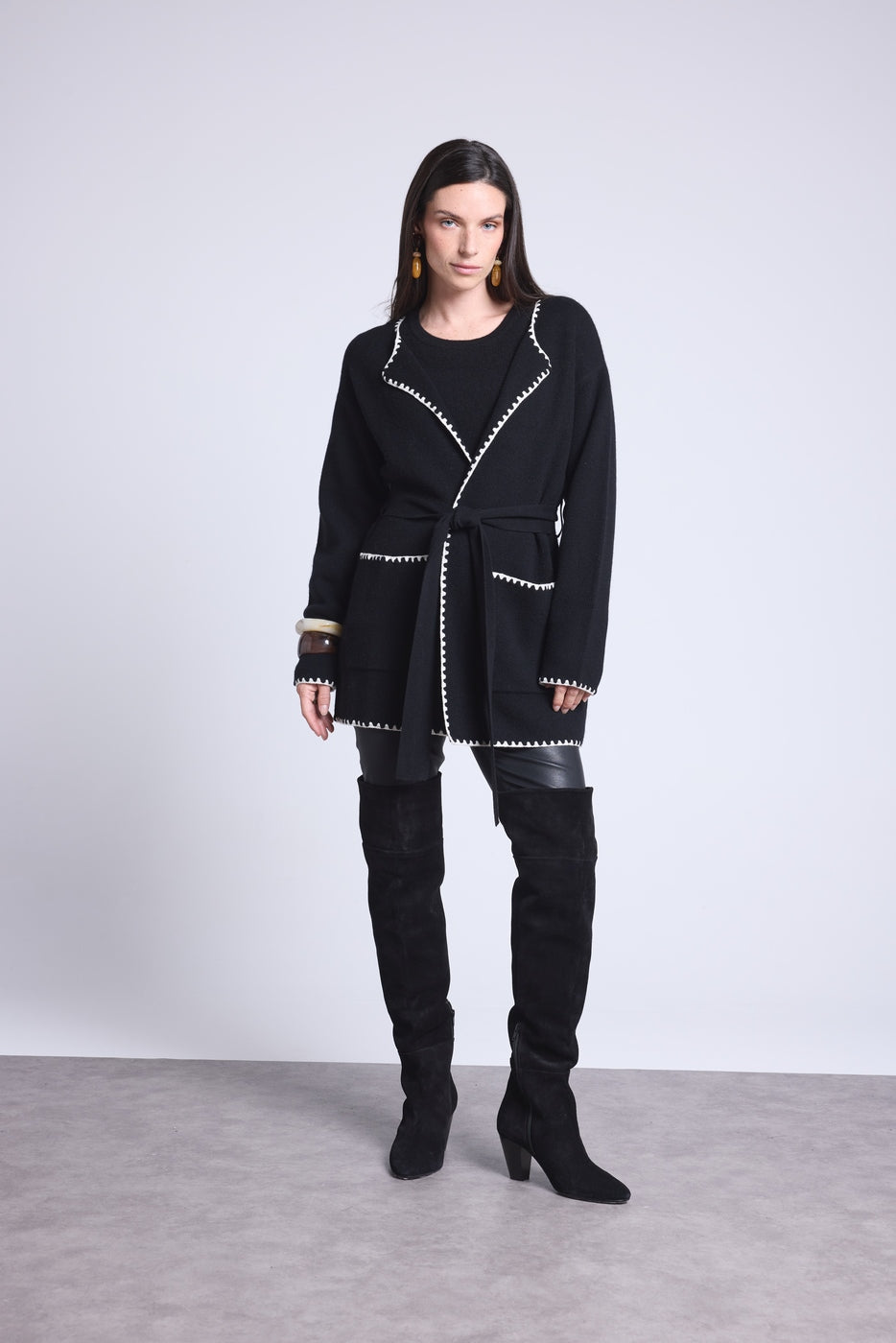 Chaqueta Larga Ribetes En Contraste Smeralda - Negro Blanco - Mujer