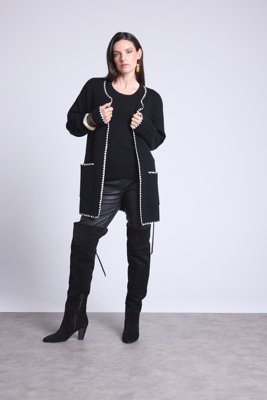 Chaqueta Larga Ribetes En Contraste Smeralda - Negro Blanco - Mujer