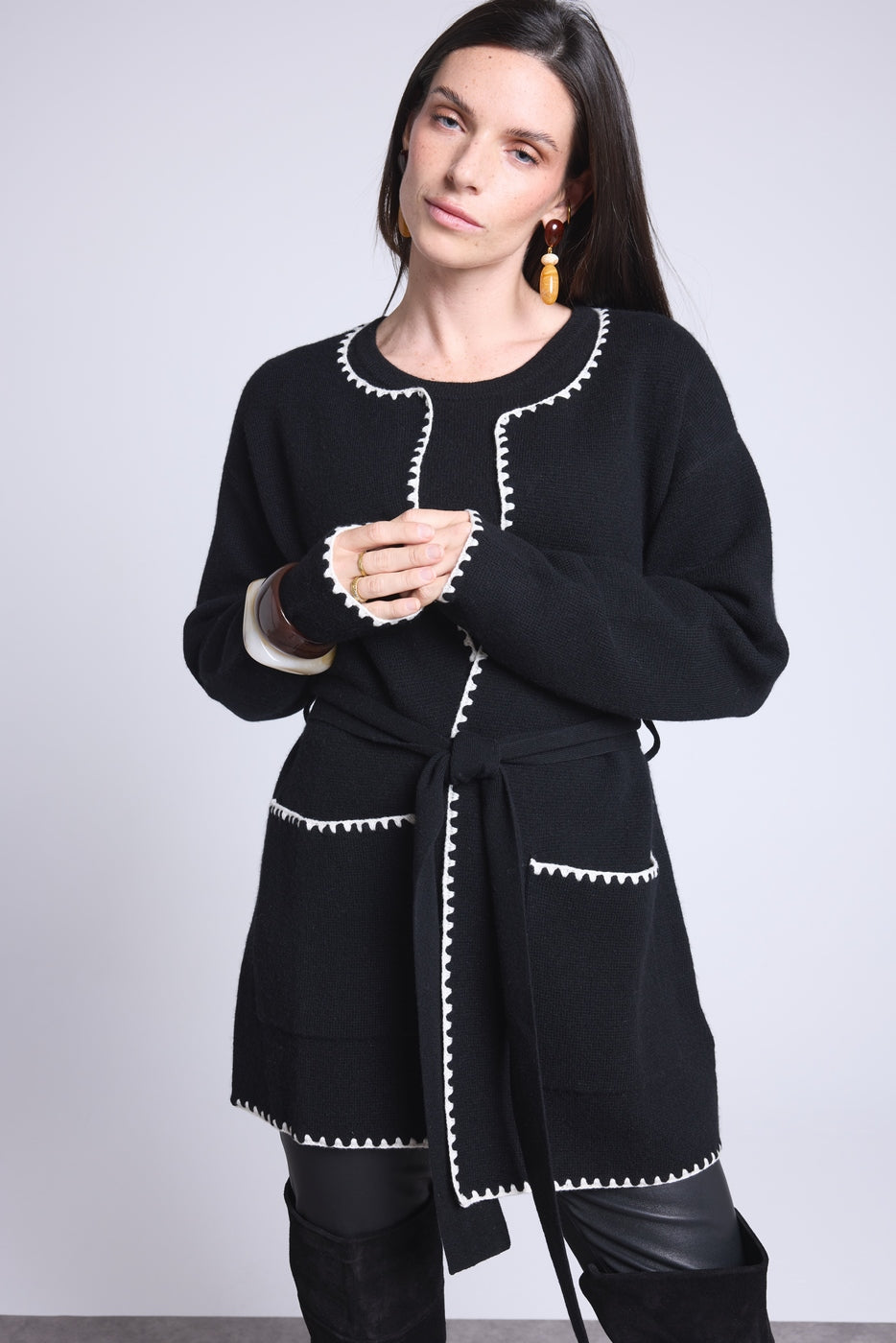 Chaqueta Larga Ribetes En Contraste Smeralda - Negro Blanco - Mujer