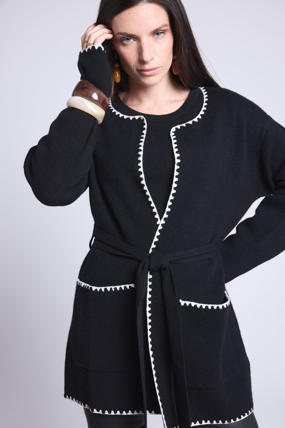 Chaqueta Larga Ribetes En Contraste Smeralda - Negro Blanco - Mujer