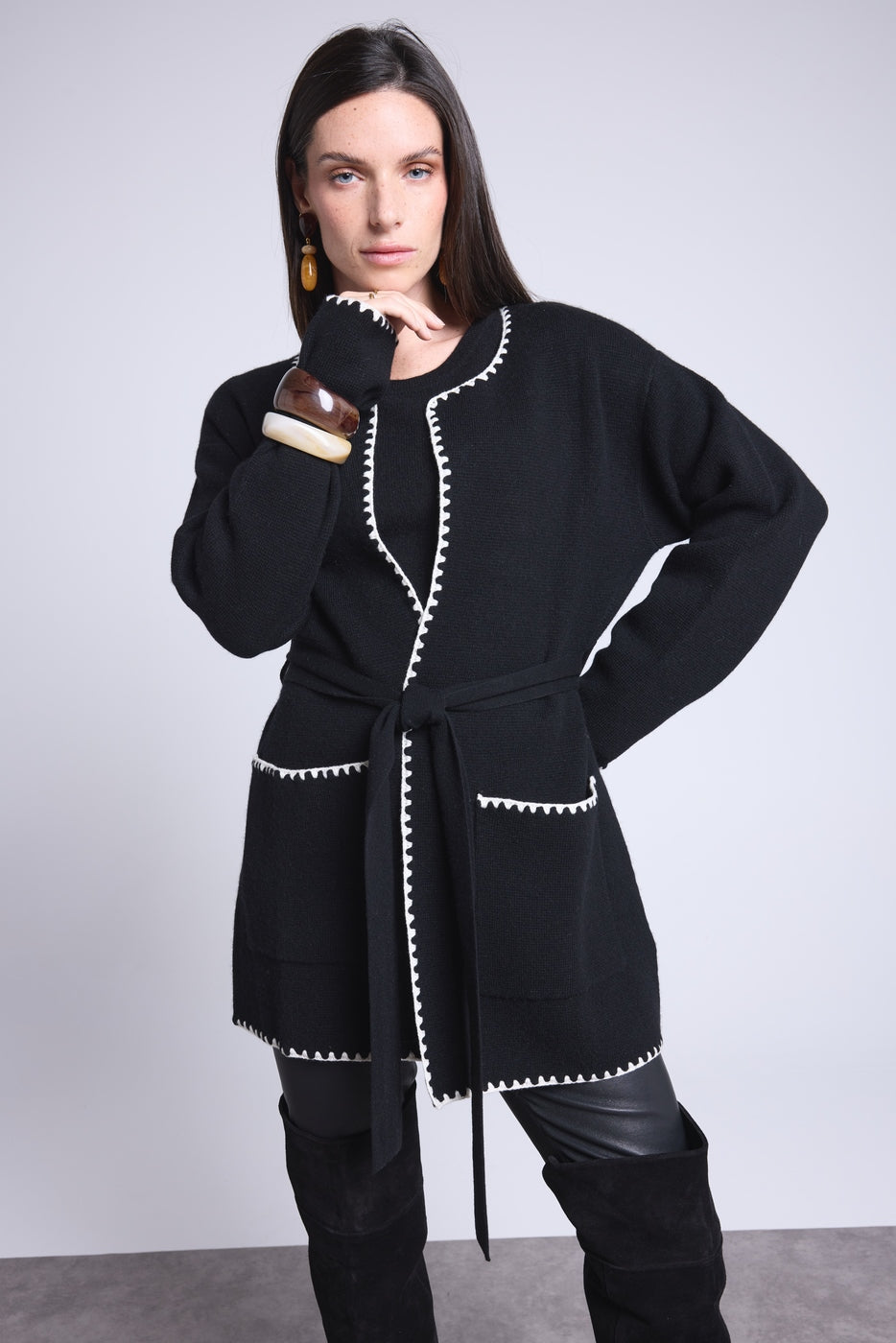 Chaqueta Larga Ribetes En Contraste Smeralda - Negro Blanco - Mujer