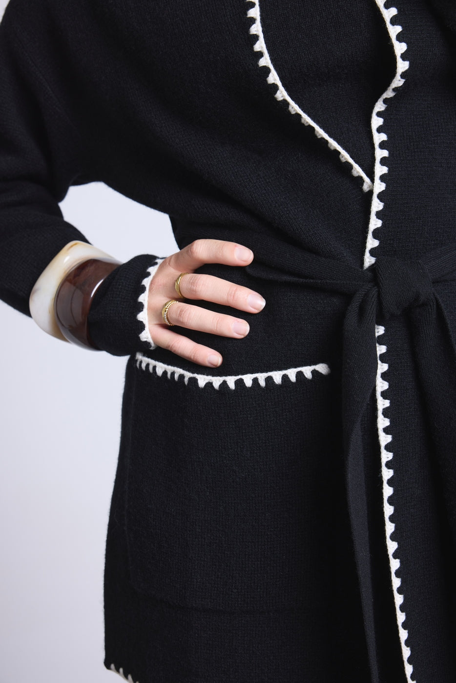 Chaqueta Larga Ribetes En Contraste Smeralda - Negro Blanco - Mujer