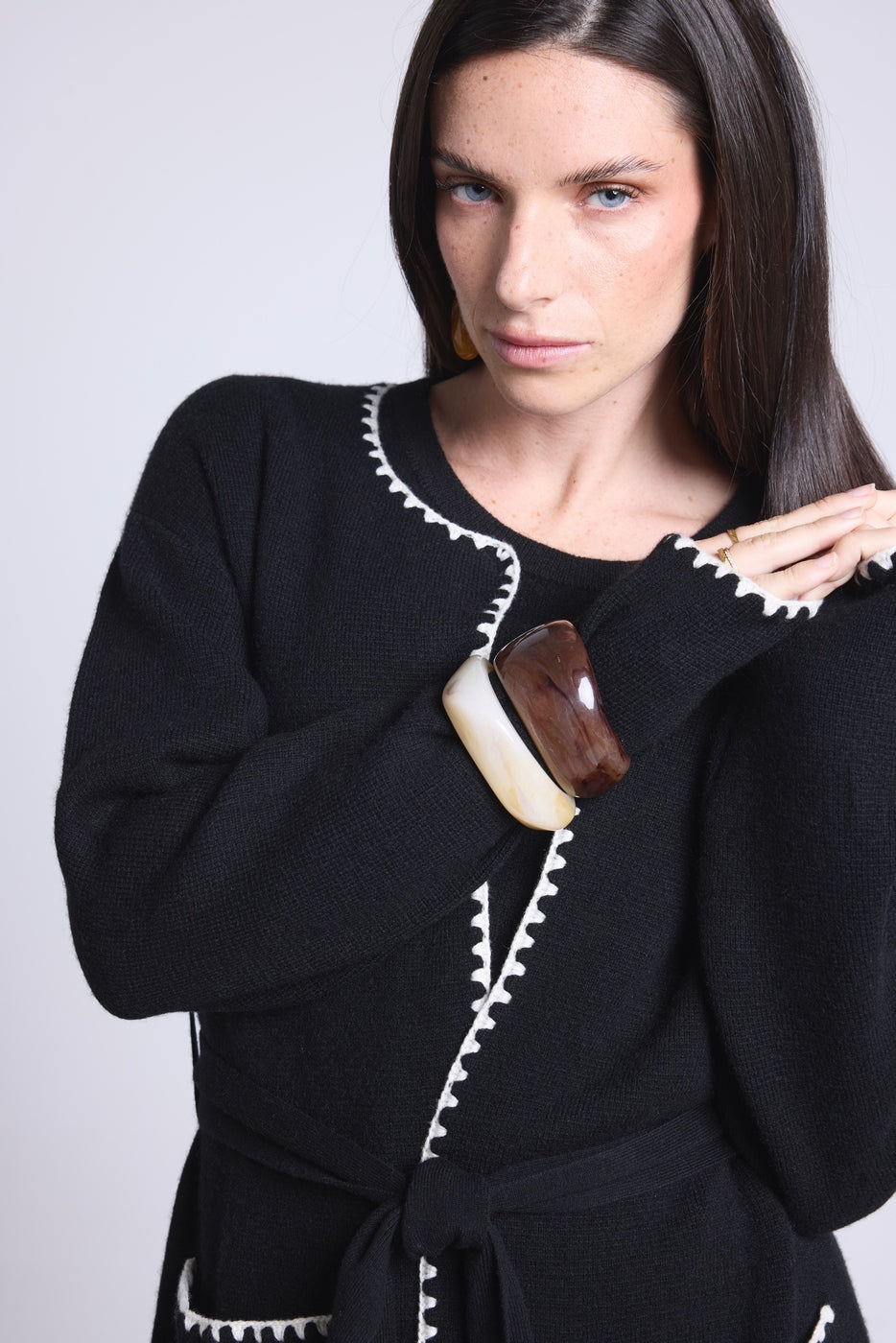 Chaqueta Larga Ribetes En Contraste Smeralda - Negro Blanco - Mujer