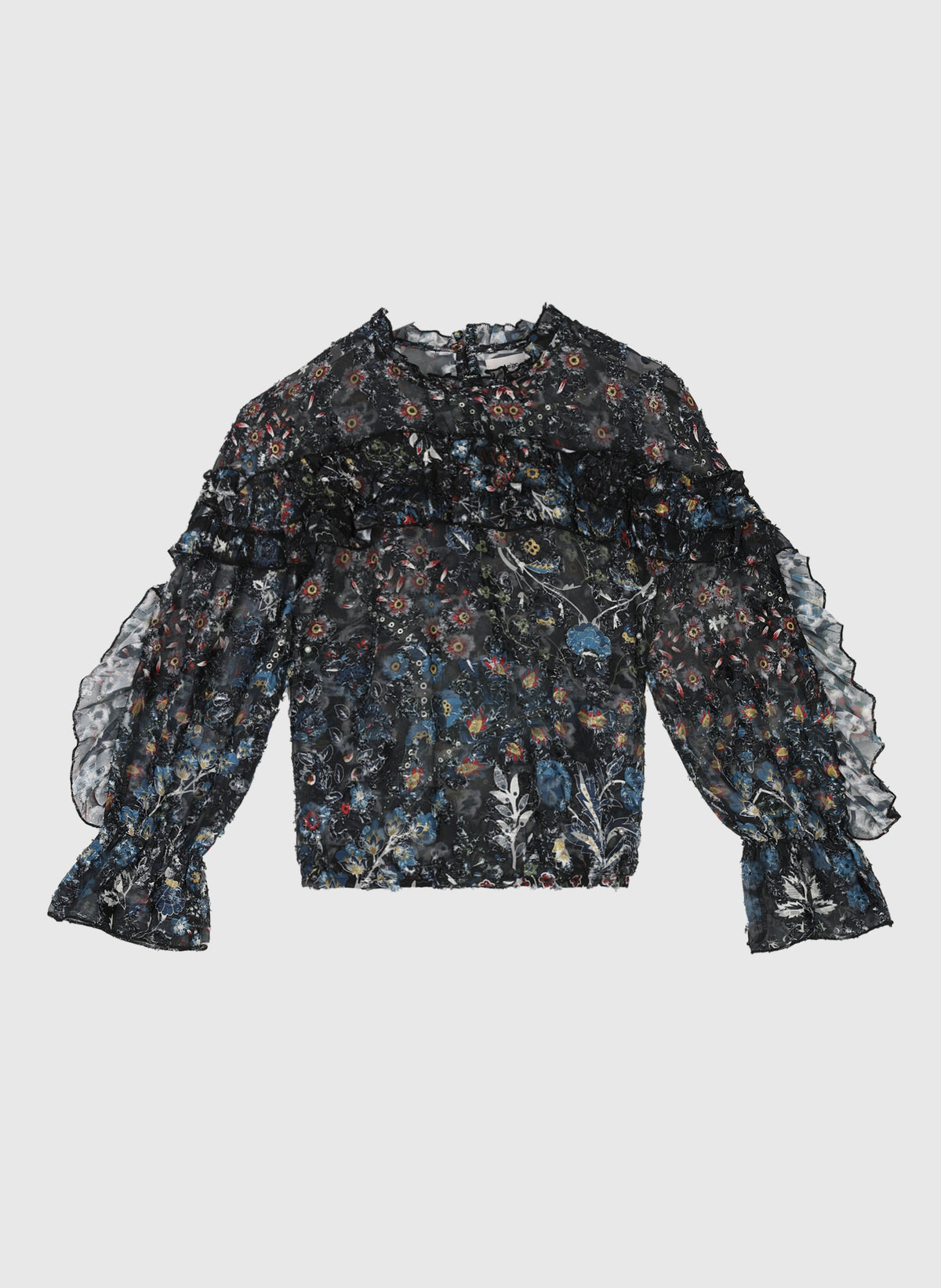 An'ge – Blouse Soelina Folina Noir, zwarte transparante blouse met kleurrijk bloemdessin en ruches