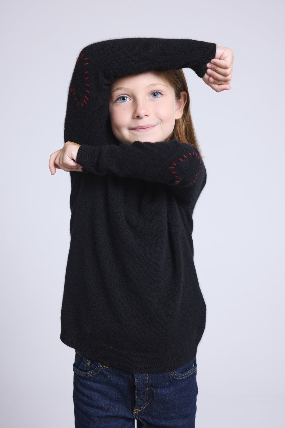 Jersey de cuello redondo con corazón bordado en el codo Solal - Negro rojo - Infantil