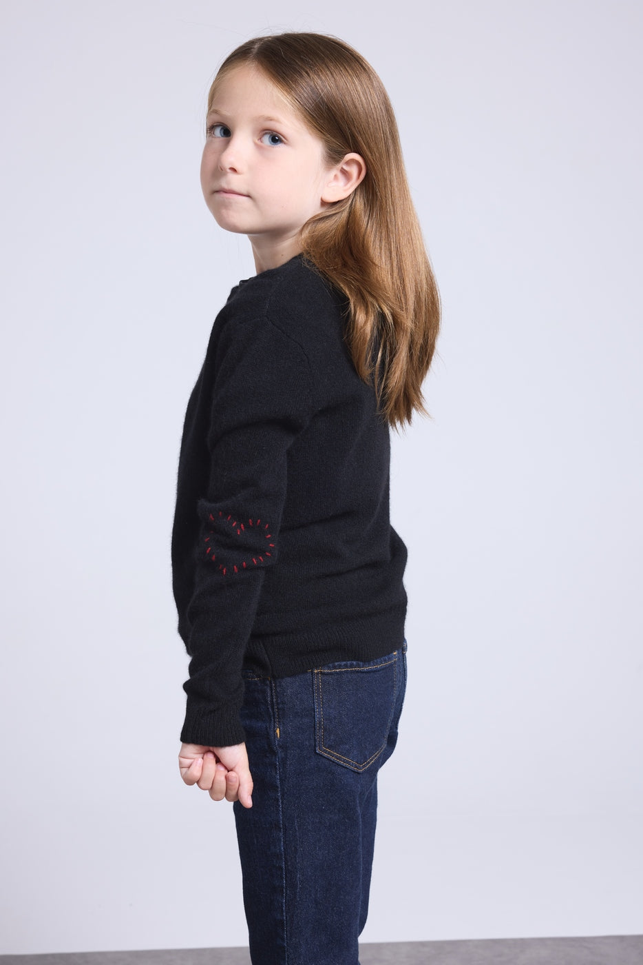 Jersey de cuello redondo con corazón bordado en el codo Solal - Negro rojo - Infantil