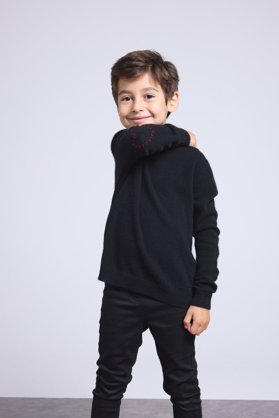 Jersey de cuello redondo con corazón bordado en el codo Solal - Negro rojo - Infantil