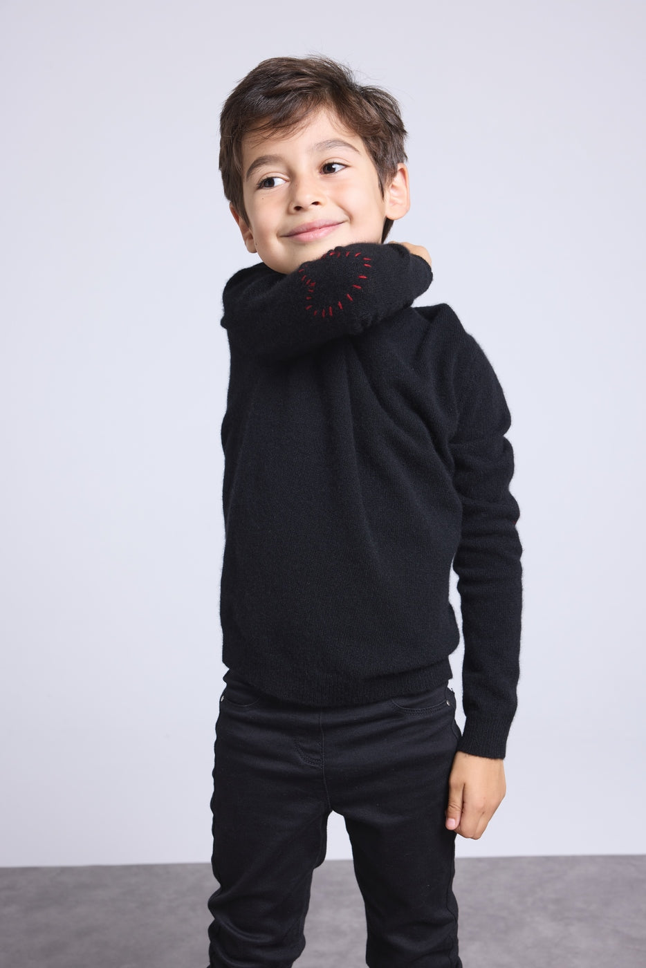 Jersey de cuello redondo con corazón bordado en el codo Solal - Negro rojo - Infantil