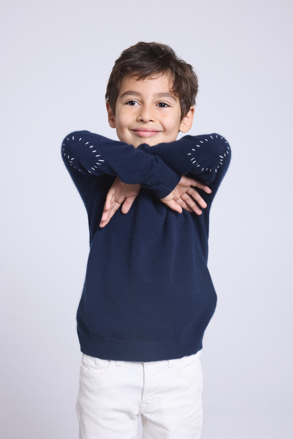 Pull Col Rond Cœur Coude Brode Solal - Bleu Marine Blanc - Enfant