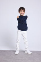Pull Col Rond Cœur Coude Brode Solal - Bleu Marine Blanc - Enfant
