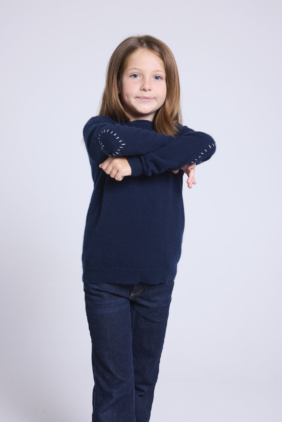 Pull Col Rond Cœur Coude Brode Solal - Bleu Marine Blanc - Enfant
