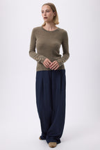Pull Col Rond Boutons Dorés Manches Ballon Sol - Vert Khaki - Femme