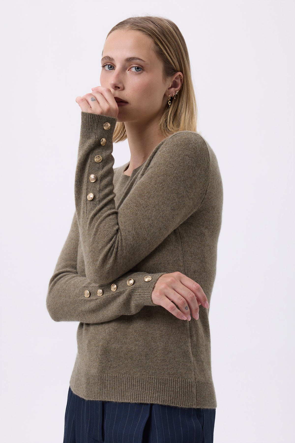 Pull Col Rond Boutons Dorés Manches Ballon Sol - Vert Khaki - Femme
