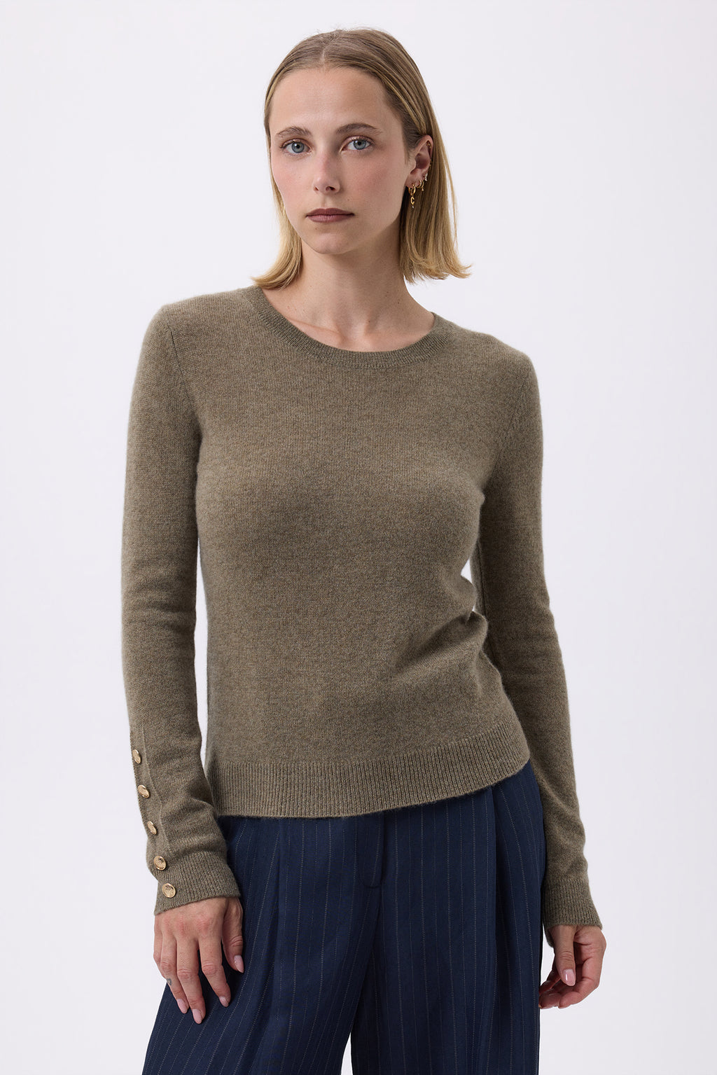 Pull Col Rond Boutons Dorés Manches Ballon Sol - Vert Khaki - Femme