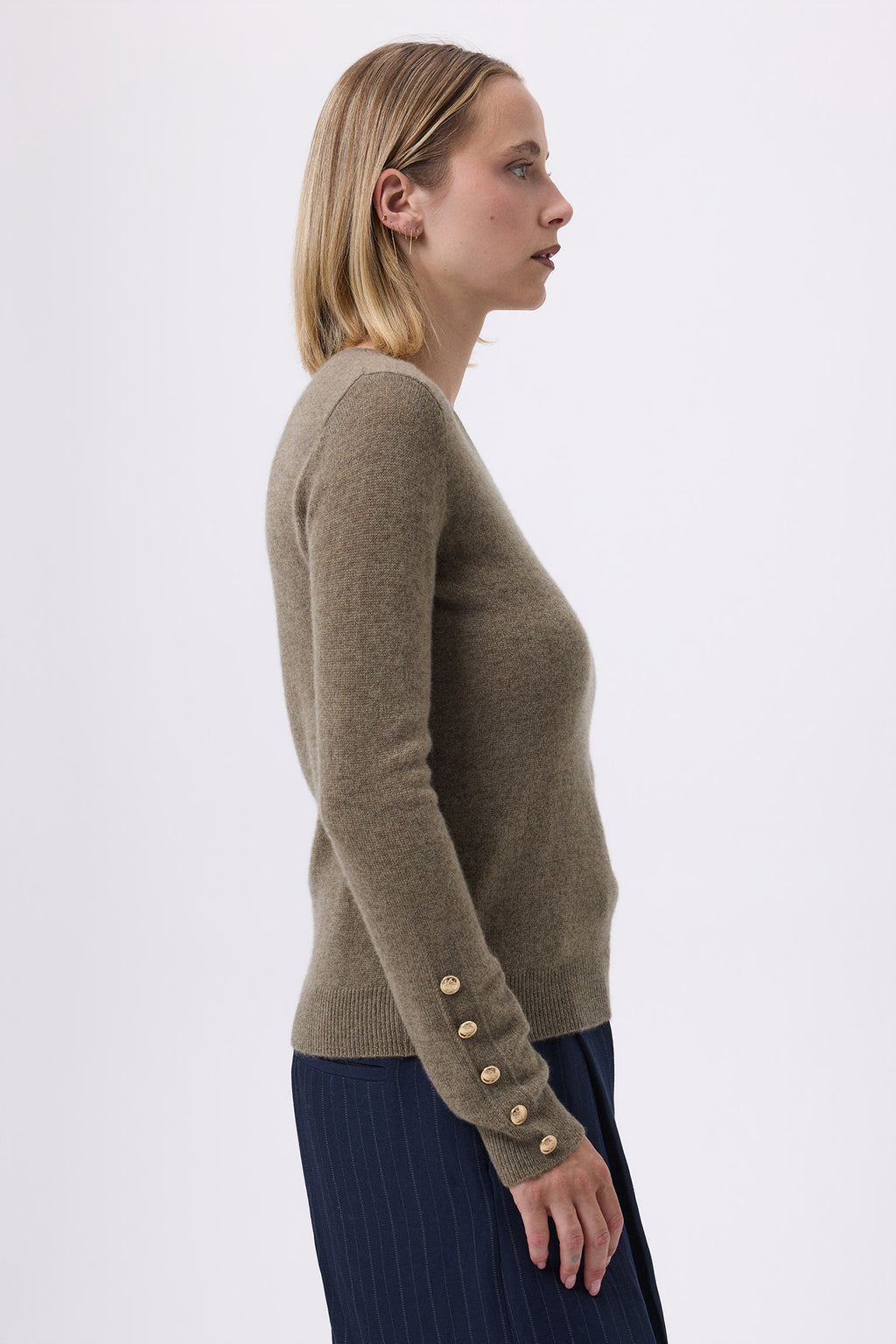 Pull Col Rond Boutons Dorés Manches Ballon Sol - Vert Khaki - Femme