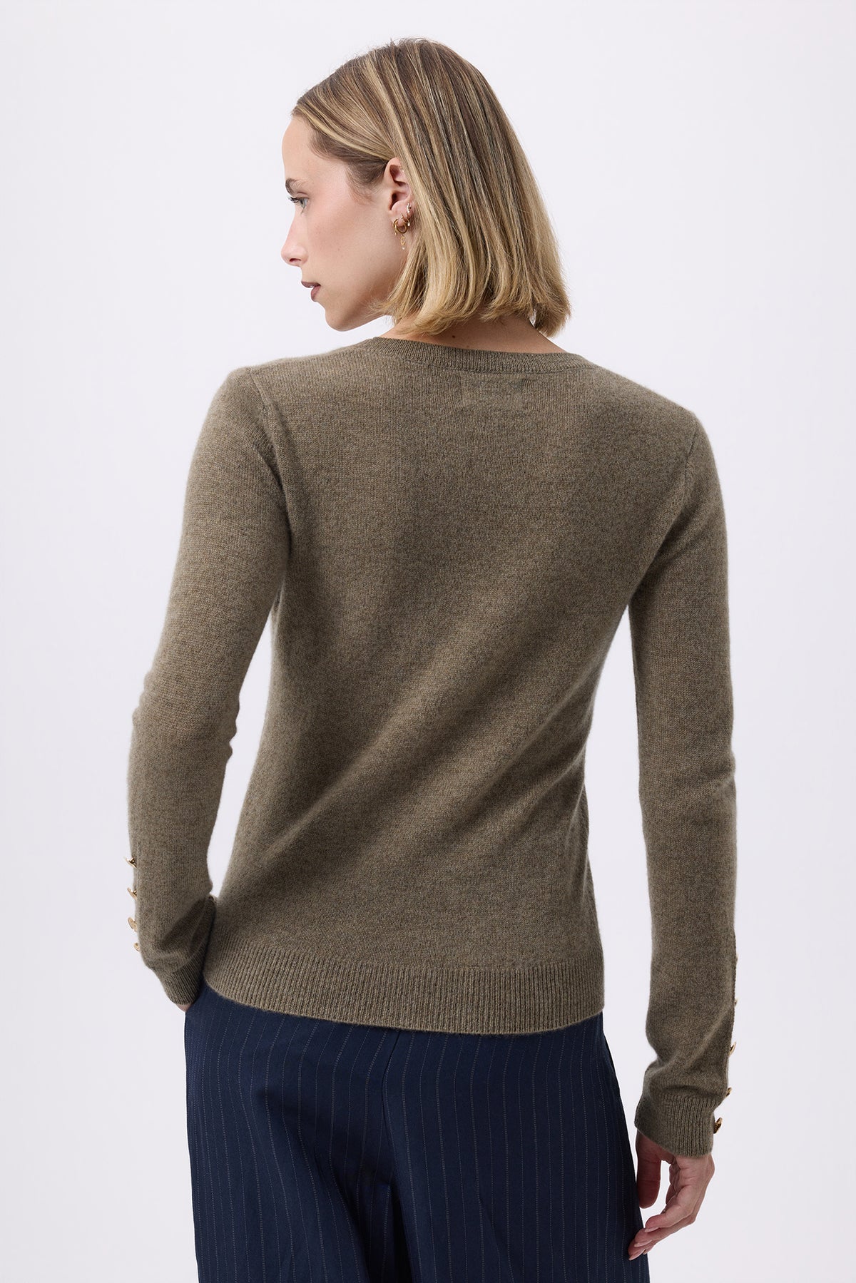 Pull Col Rond Boutons Dorés Manches Ballon Sol - Vert Khaki - Femme