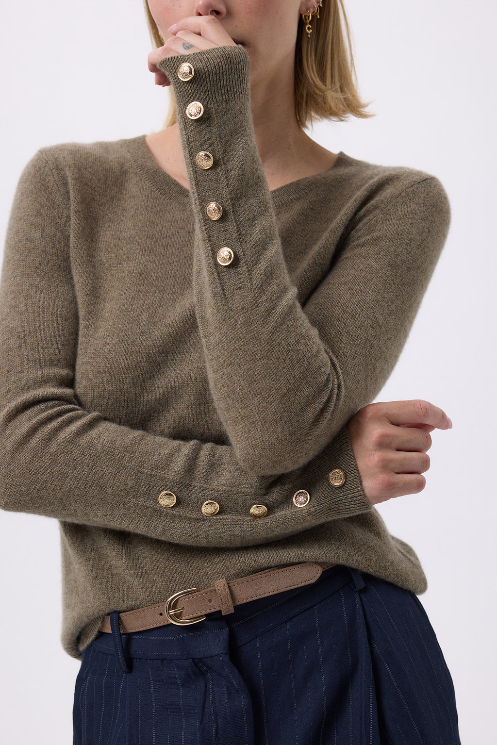 Pull Col Rond Boutons Dorés Manches Ballon Sol - Vert Khaki - Femme