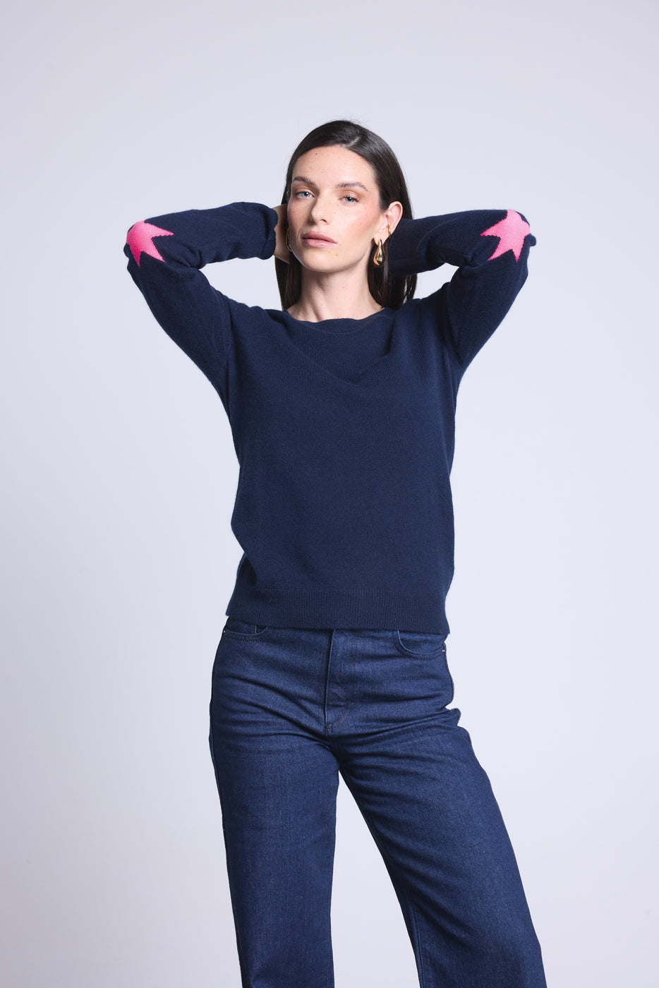 Jersey de cuello redondo con estrellas en los codos Sonia - Azul marino rosa flúor - Unisex