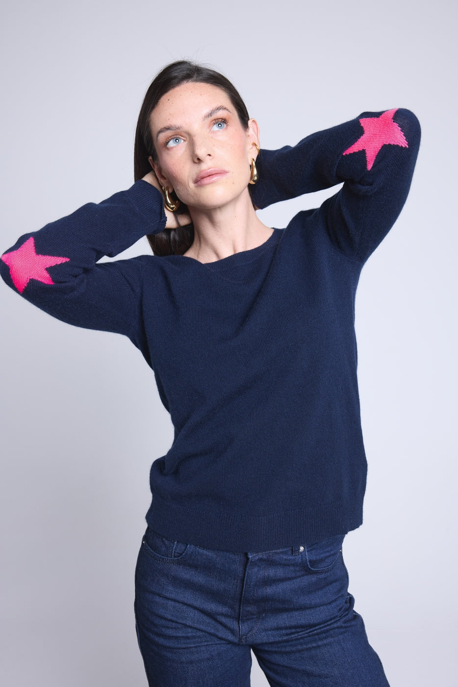 Jersey de cuello redondo con estrellas en los codos Sonia - Azul marino rosa flúor - Unisex