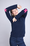 Jersey de cuello redondo con estrellas en los codos Sonia - Azul marino rosa flúor - Unisex