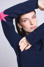 Jersey de cuello redondo con estrellas en los codos Sonia - Azul marino rosa flúor - Unisex