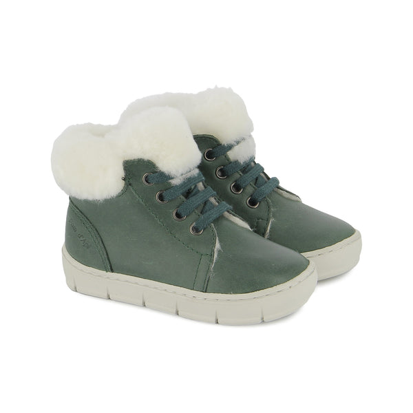 Pom d'Api – Pom D'Api - Start Top Fur - Vert Forêt, hoge groene schoenen met wit bont, groene veters, witte zolen