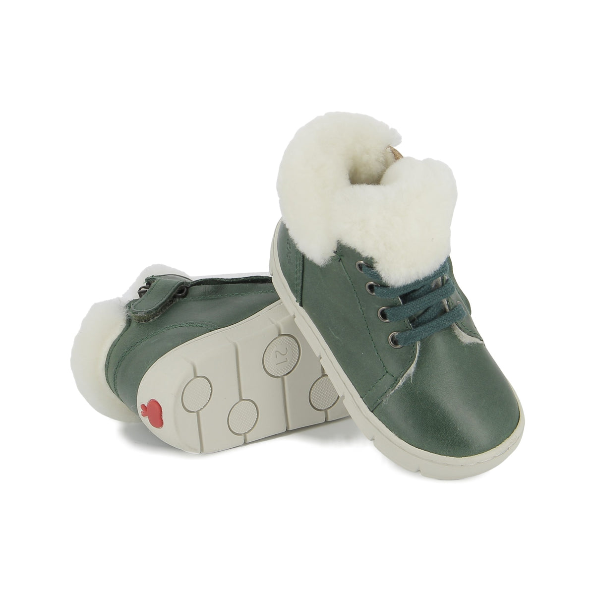 Pom d'Api – Pom D'Api - Start Top Fur - Vert Forêt, groene kinderschoenen met wit bont, vooraanzicht