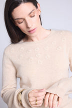 Jersey de cuello redondo con flores bordadas Stefania - Beige crema - Mujer