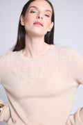 Jersey de cuello redondo con flores bordadas Stefania - Beige crema - Mujer