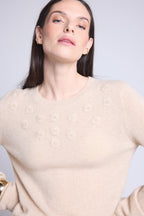Jersey de cuello redondo con flores bordadas Stefania - Beige crema - Mujer
