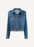 Crop Jacket Organic Medium Stone Denim With Logo Belt - Medium Blue - Women's