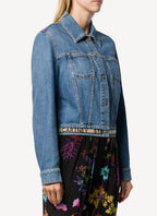 Crop Jacket Organic Medium Stone Denim With Logo Belt - Medium Blue - Women's