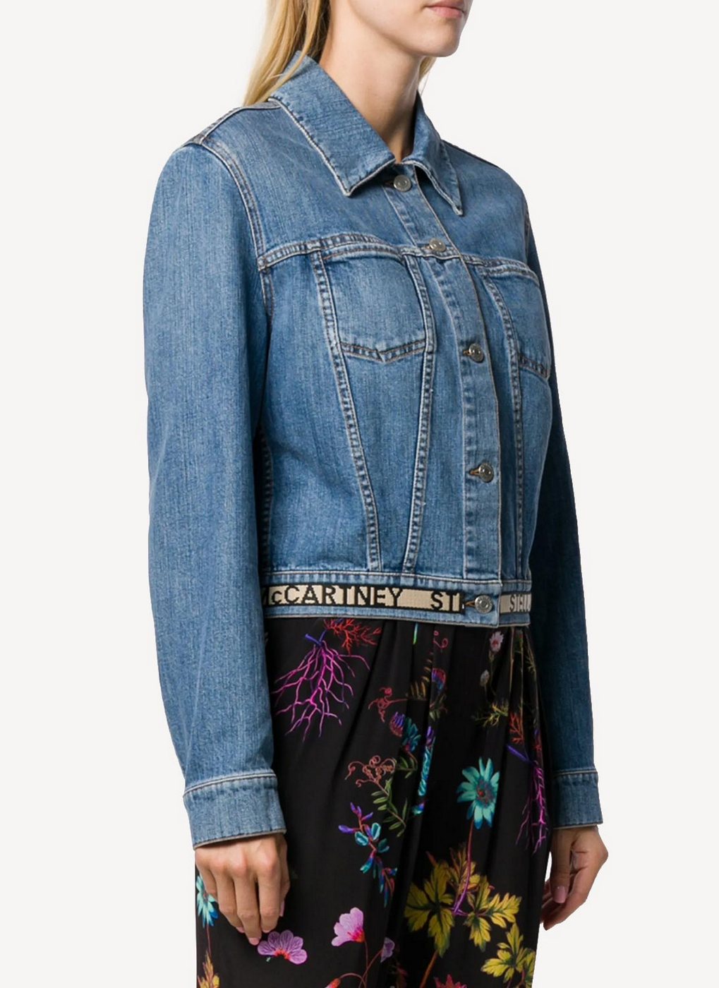 Crop Jacket Organic Medium Stone Denim With Logo Belt - Medium Blue - Women's